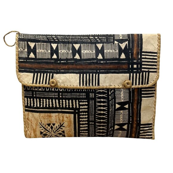 Traditional Handcrafted Black & Beige Bark Envelope Bag With Geometric Design - Picture 1 of 9